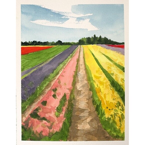 Watercolor Painting Landscape Tulip Fields Bloom Floral "Colorwave" Signed 8x10 - Picture 1 of 3